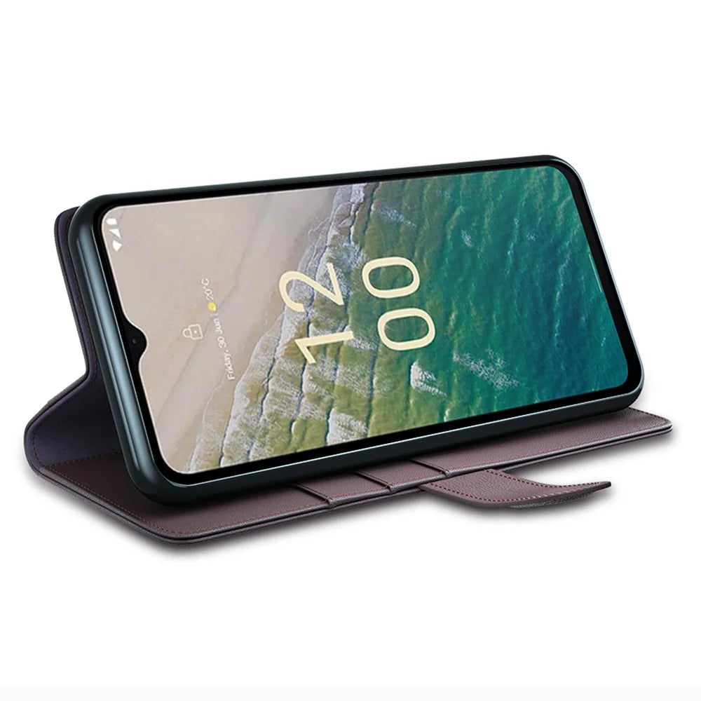 For Nokia C32 Scratch Proof Case Genuine Split Leather Phone Cover with Wallet Stand - Brown - 3
