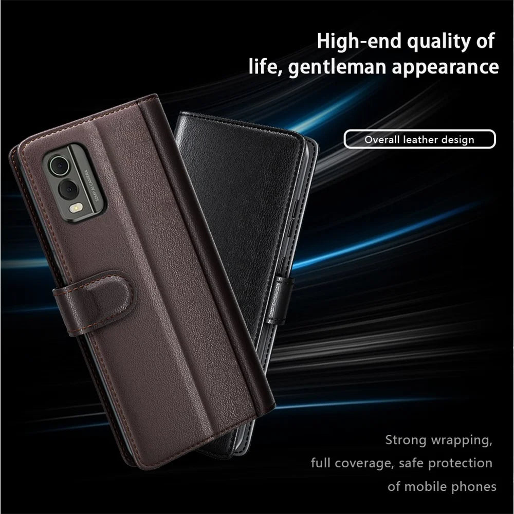For Nokia C32 Scratch Proof Case Genuine Split Leather Phone Cover with Wallet Stand - Brown - 6