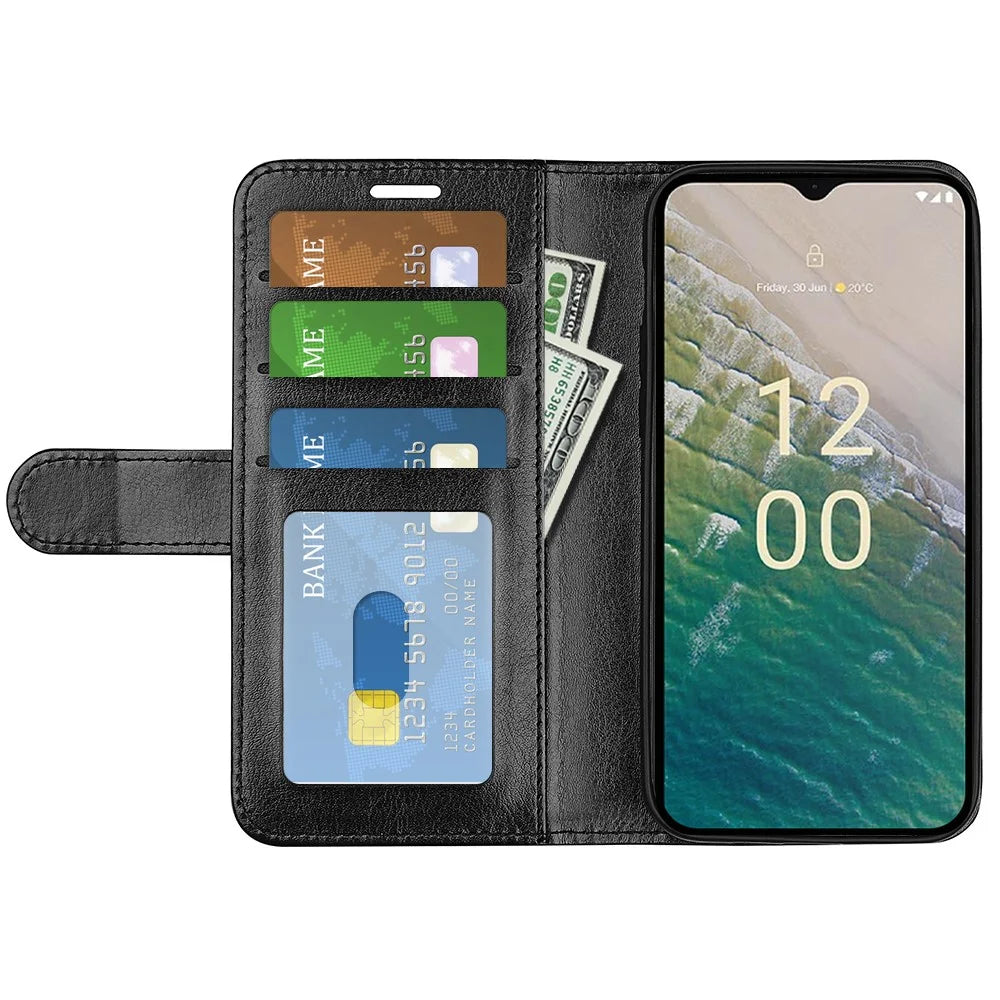 For Nokia C32 Scratch Resistant PU Leather Phone Cover Crazy Horse Texture Wallet Stand Case - Black - 2