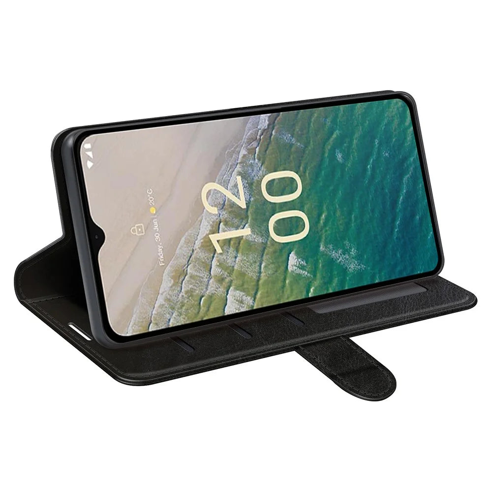 For Nokia C32 Scratch Resistant PU Leather Phone Cover Crazy Horse Texture Wallet Stand Case - Black - 3
