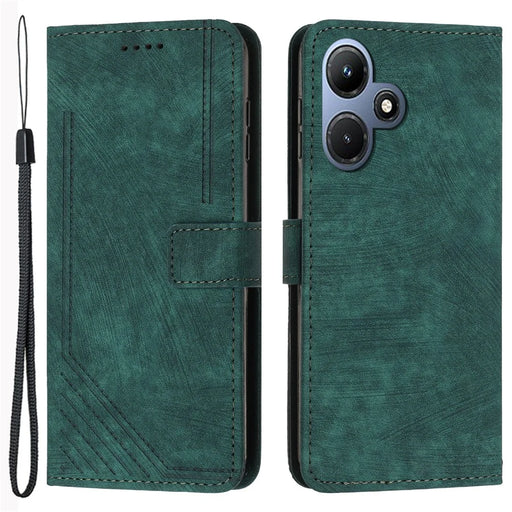 For Infinix Hot 30i Imprinted Lines Skin-Touch PU Leather Flip Case Stand Wallet Phone Cover - Green - 1