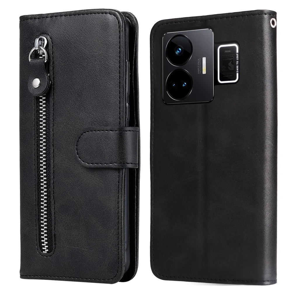 For Realme GT Neo 5 5G / GT3 5G PU Leather Phone Case Calf Texture Zipper Pocket Stand Shell Wallet Phone Cover - Black - 1