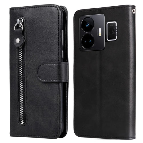 For Realme GT Neo 5 5G / GT3 5G PU Leather Phone Case Calf Texture Zipper Pocket Stand Shell Wallet Phone Cover - Black - 1