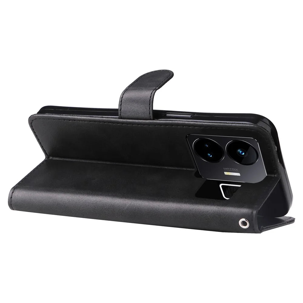 For Realme GT Neo 5 5G / GT3 5G PU Leather Phone Case Calf Texture Zipper Pocket Stand Shell Wallet Phone Cover - Black - 3