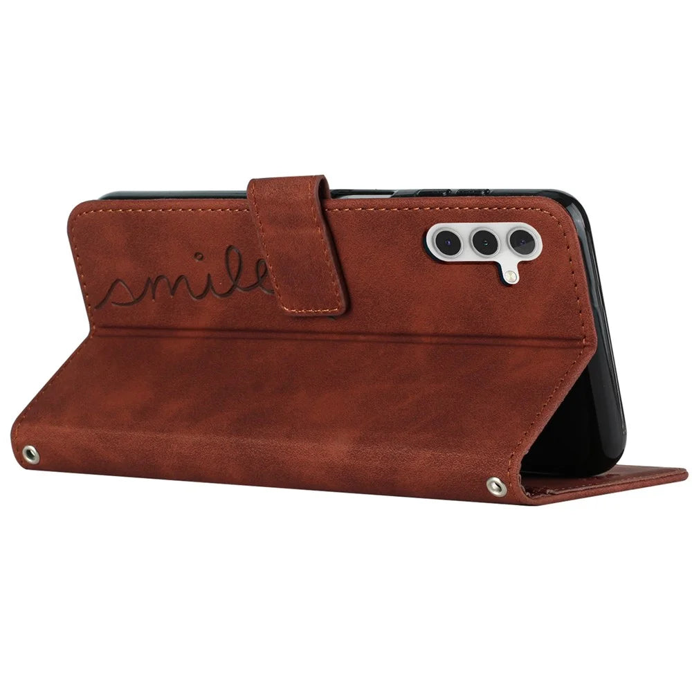 Flip Shell for Samsung Galaxy A24 4G (162.1 x 77.6 x 8.3mm) Imprinted Heart Shape Wallet PU Leather Phone Stand Case - Brown - 3