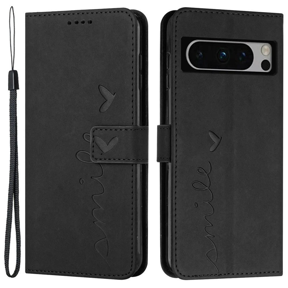 Stand Shell for Google Pixel 8 Pro Heart Shape Imprinted PU Leather Phone Wallet Anti-drop Flip Case - Black - 1
