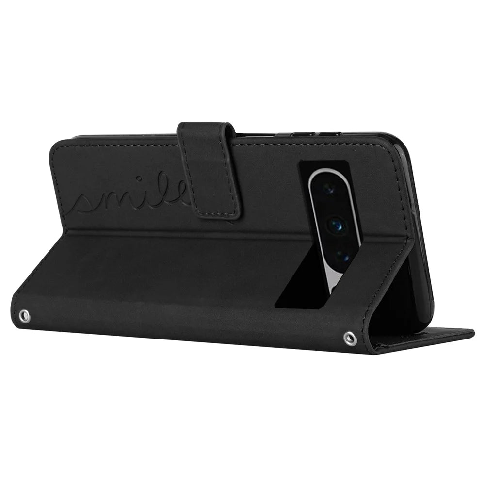 Stand Shell for Google Pixel 8 Pro Heart Shape Imprinted PU Leather Phone Wallet Anti-drop Flip Case - Black - 3