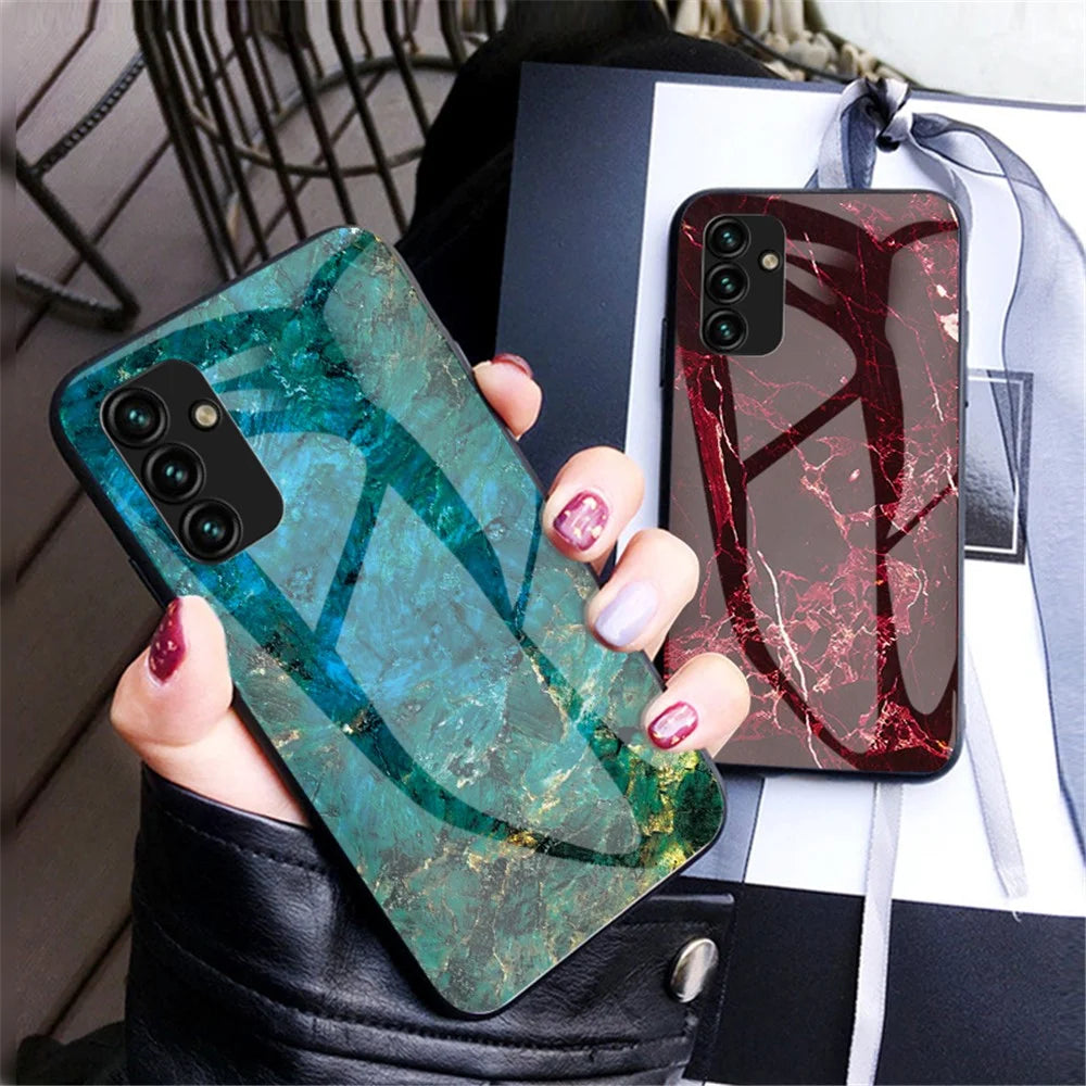 For Samsung Galaxy A24 4G (162.1 x 77.6 x 8.3mm) Marble Pattern Shockproof Case Tempered Glass+PC+TPU Anti-Drop Phone Cover - Emerald Marble - 3
