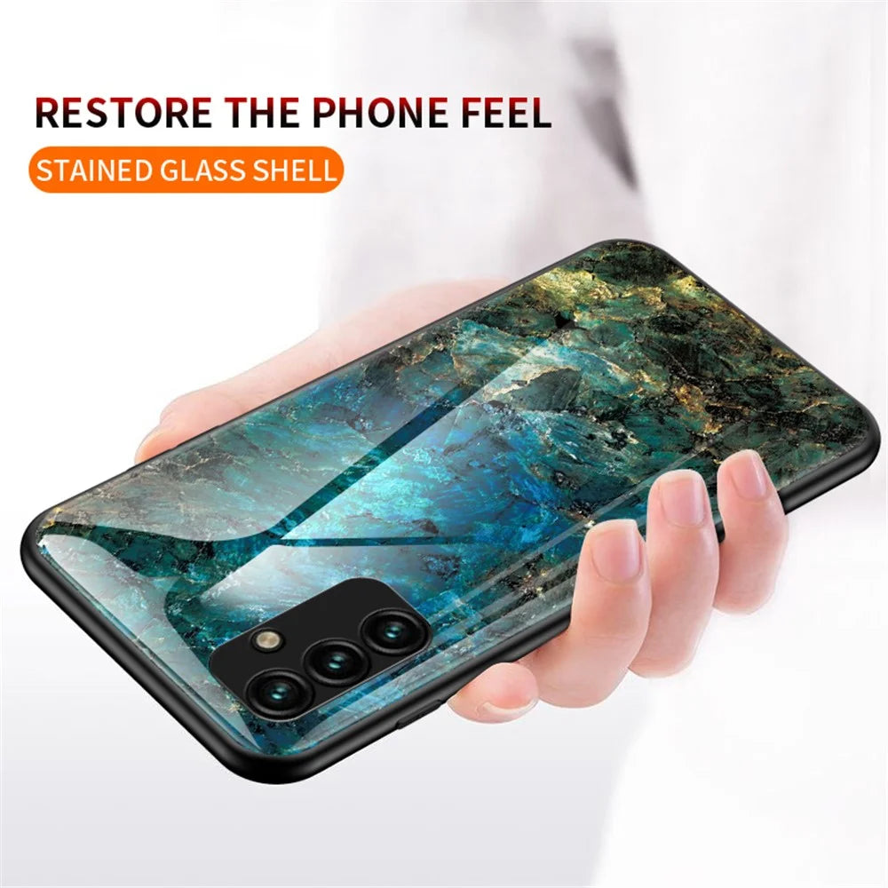 For Samsung Galaxy A24 4G (162.1 x 77.6 x 8.3mm) Marble Pattern Shockproof Case Tempered Glass+PC+TPU Anti-Drop Phone Cover - Emerald Marble - 5