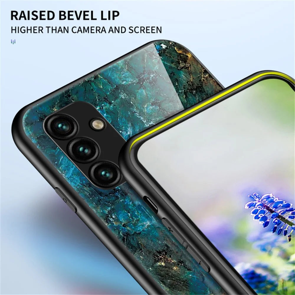 For Samsung Galaxy A24 4G (162.1 x 77.6 x 8.3mm) Marble Pattern Shockproof Case Tempered Glass+PC+TPU Anti-Drop Phone Cover - Emerald Marble - 7