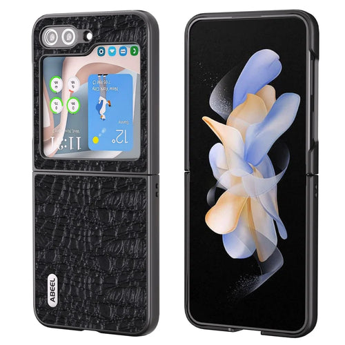ABEEL For Samsung Galaxy Z Flip5 5G Genuine Cow Leather Coated PC Phone Case Textured Anti-Slip Cover - Black - 1