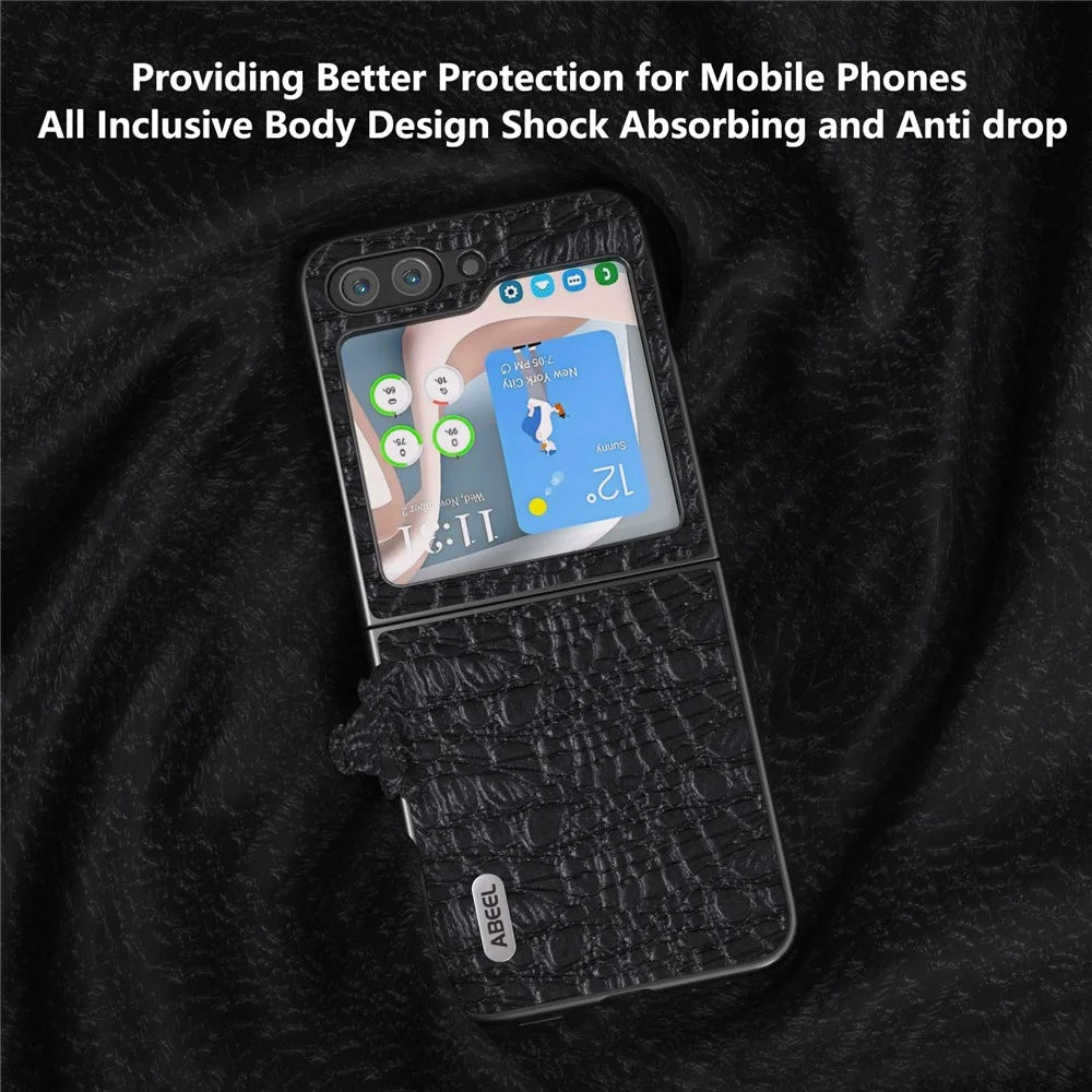 ABEEL For Samsung Galaxy Z Flip5 5G Genuine Cow Leather Coated PC Phone Case Textured Anti-Slip Cover - Black - 3