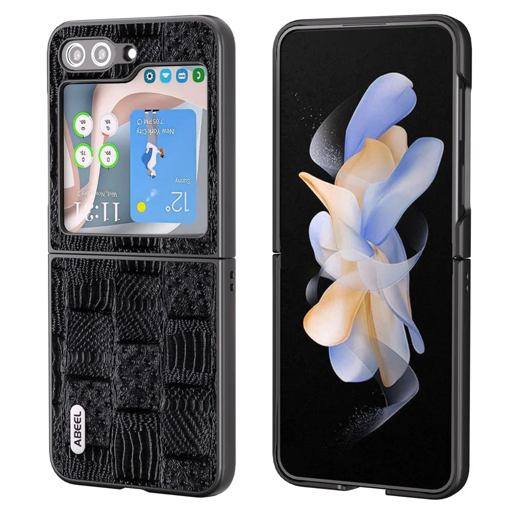 ABEEL For Samsung Galaxy Z Flip5 5G Mahjong Texture Phone Case Genuine Cow Leather Coated PC Shockproof Cover - Black - 1