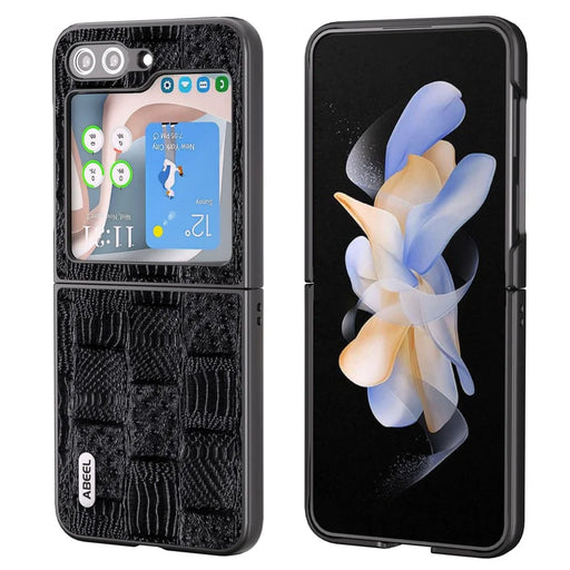 ABEEL For Samsung Galaxy Z Flip5 5G Mahjong Texture Phone Case Genuine Cow Leather Coated PC Shockproof Cover - Black - 1