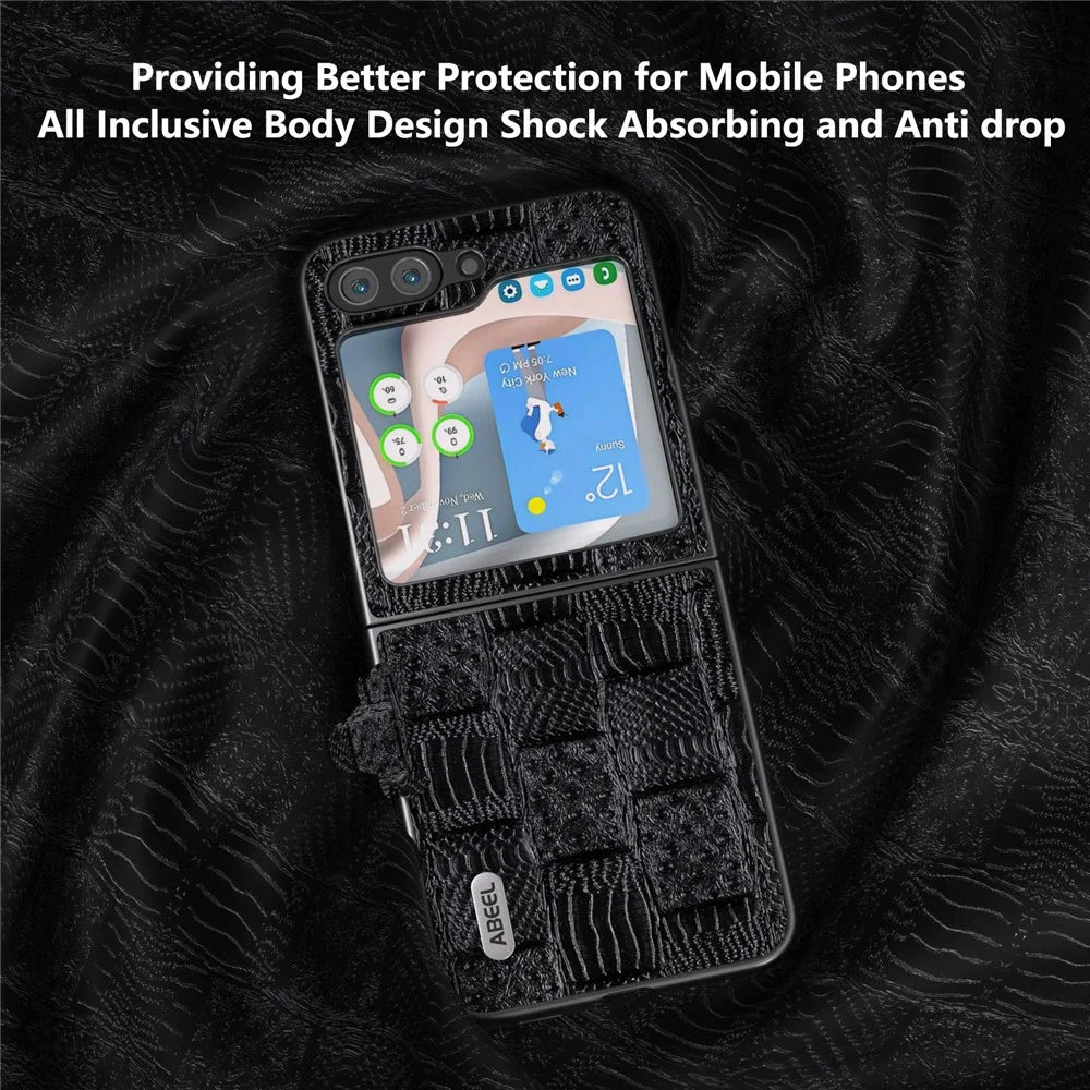 ABEEL For Samsung Galaxy Z Flip5 5G Mahjong Texture Phone Case Genuine Cow Leather Coated PC Shockproof Cover - Black - 3