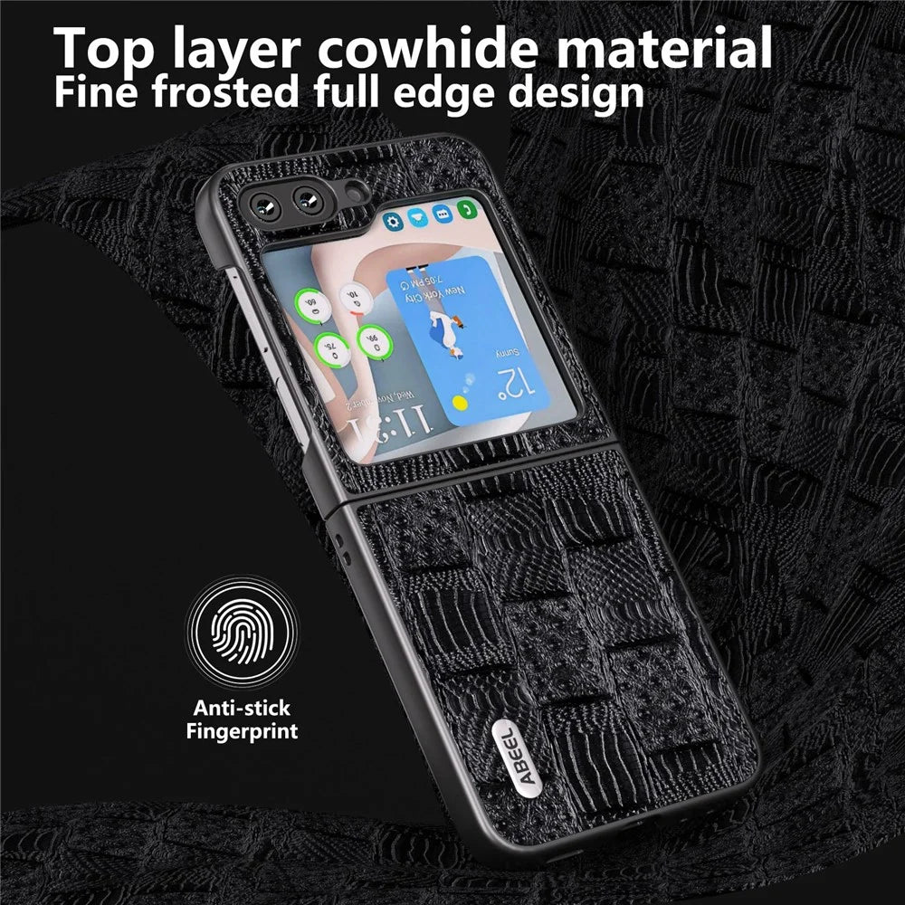 ABEEL For Samsung Galaxy Z Flip5 5G Mahjong Texture Phone Case Genuine Cow Leather Coated PC Shockproof Cover - Black - 4