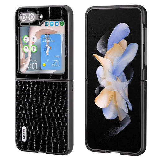 ABEEL For Samsung Galaxy Z Flip5 5G Crocodile Texture Phone Case Genuine Cow Leather Coated PC Back Cover - Black - 1