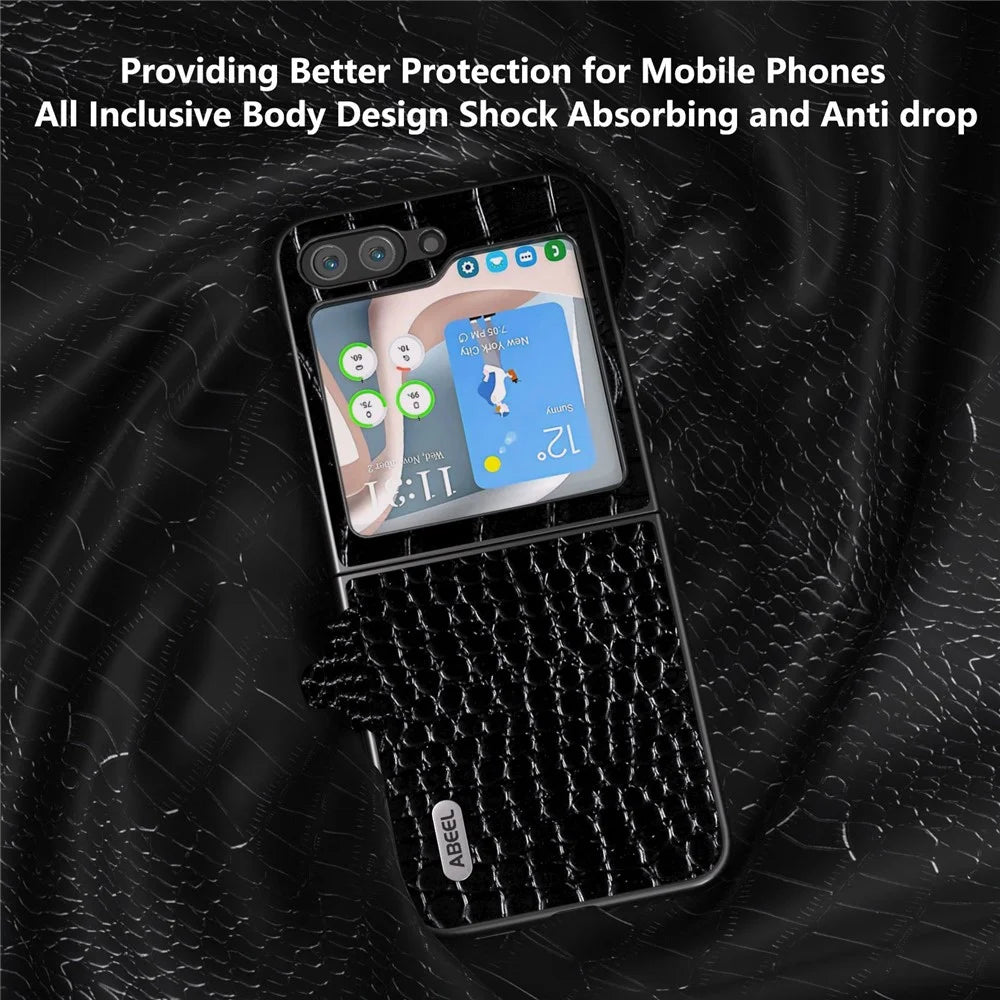 ABEEL For Samsung Galaxy Z Flip5 5G Crocodile Texture Phone Case Genuine Cow Leather Coated PC Back Cover - Black - 3