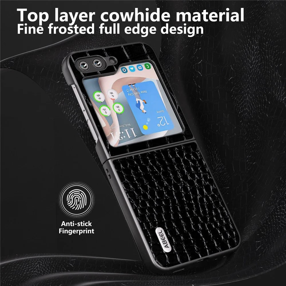 ABEEL For Samsung Galaxy Z Flip5 5G Crocodile Texture Phone Case Genuine Cow Leather Coated PC Back Cover - Black - 4