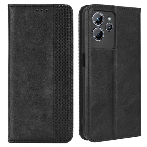 For Oukitel C32 Magnetic Shell Retro PU Leather Phone Case Stand Wallet Flip Cover - Black - 1