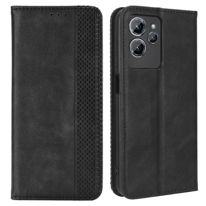 For Oukitel C32 Magnetic Shell Retro PU Leather Phone Case Stand Wallet Flip Cover - Black - 1