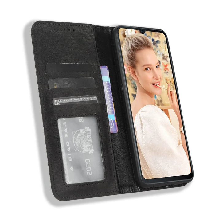 For Oukitel C32 Magnetic Shell Retro PU Leather Phone Case Stand Wallet Flip Cover - Black - 2