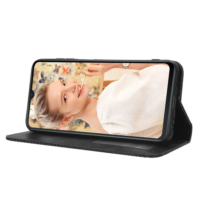 For Oukitel C32 Magnetic Shell Retro PU Leather Phone Case Stand Wallet Flip Cover - Black - 3