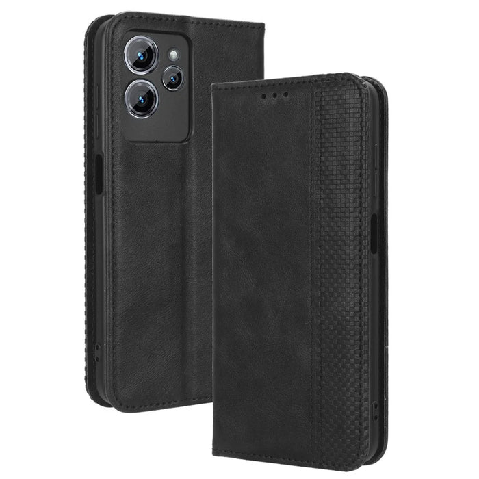 For Oukitel C32 Magnetic Shell Retro PU Leather Phone Case Stand Wallet Flip Cover - Black - 5