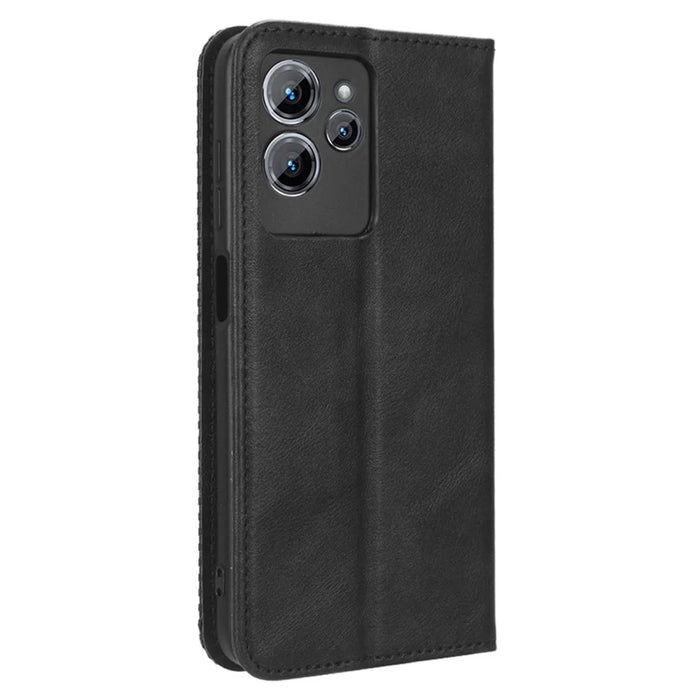For Oukitel C32 Magnetic Shell Retro PU Leather Phone Case Stand Wallet Flip Cover - Black - 7