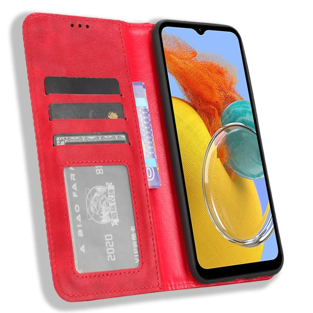 For Samsung Galaxy M54 5G / F54 5G PU Leather Vintage Magnetic Cover Stand Flip Wallet Phone Case - Red - 2
