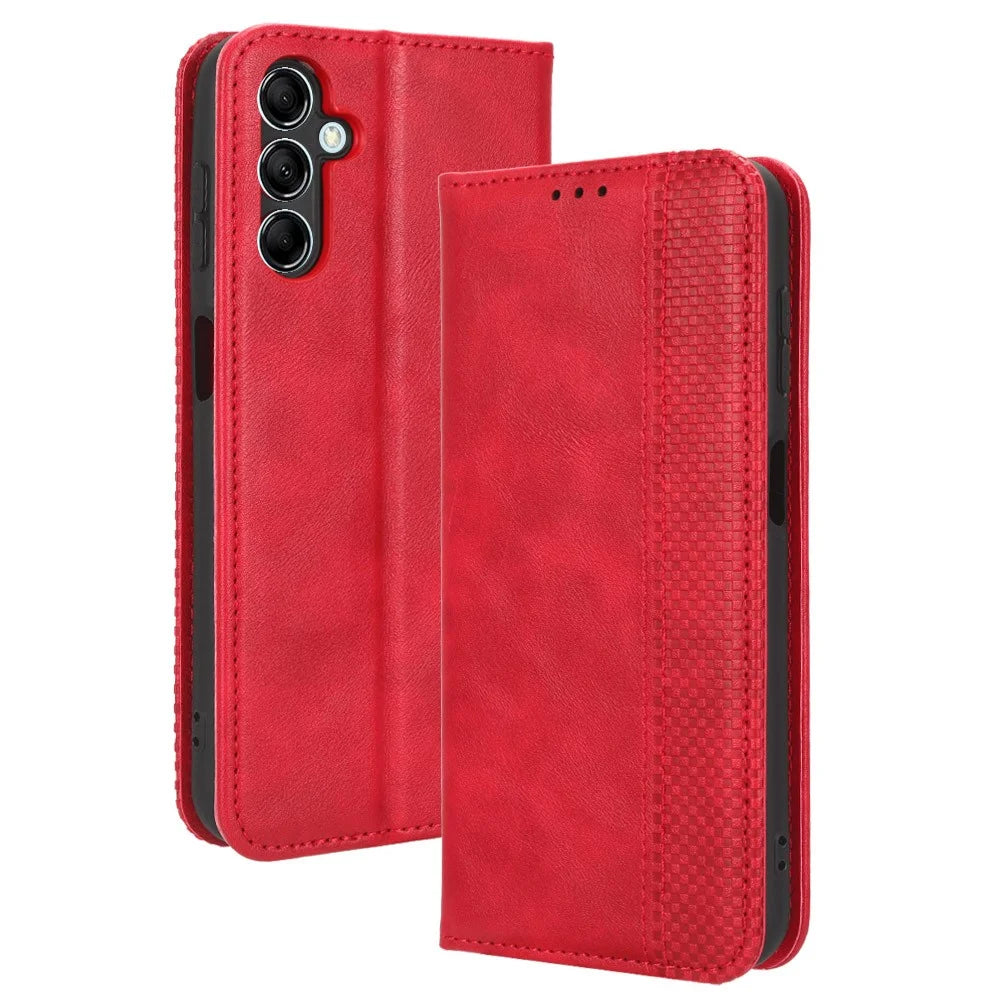 For Samsung Galaxy M54 5G / F54 5G PU Leather Vintage Magnetic Cover Stand Flip Wallet Phone Case - Red - 5