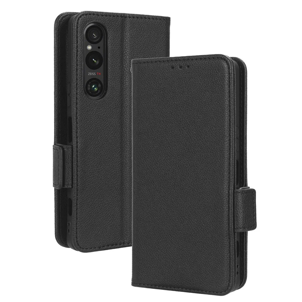 Phone Case for Sony Xperia 1 V Anti-drop Litchi Texture Stand PU Leather Wallet Cover - Black - 4
