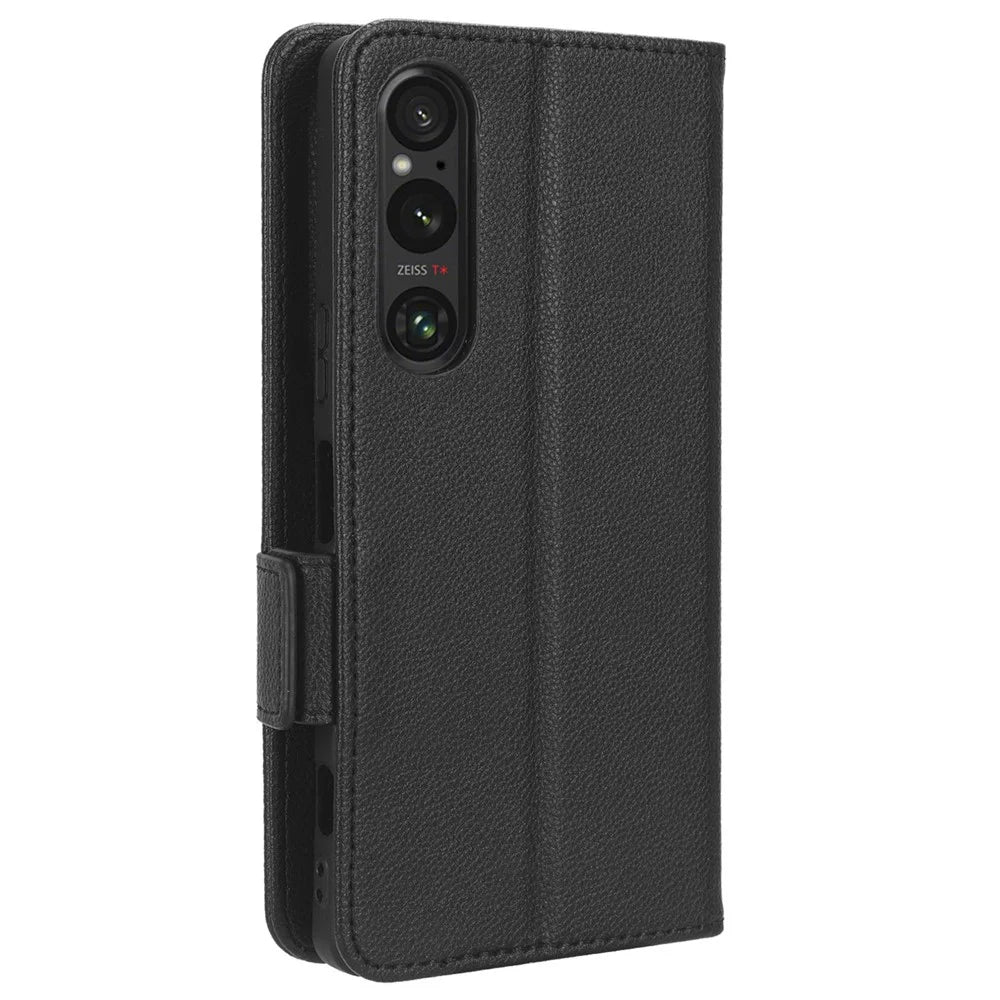 Phone Case for Sony Xperia 1 V Anti-drop Litchi Texture Stand PU Leather Wallet Cover - Black - 6