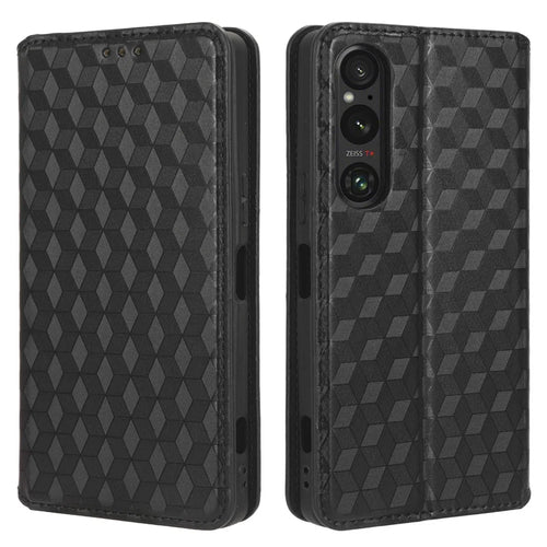 For Sony Xperia 1 V Rhombus Imprinted PU Leather Wallet Phone Case Flip Stand Anti-Drop Cover - Black - 1