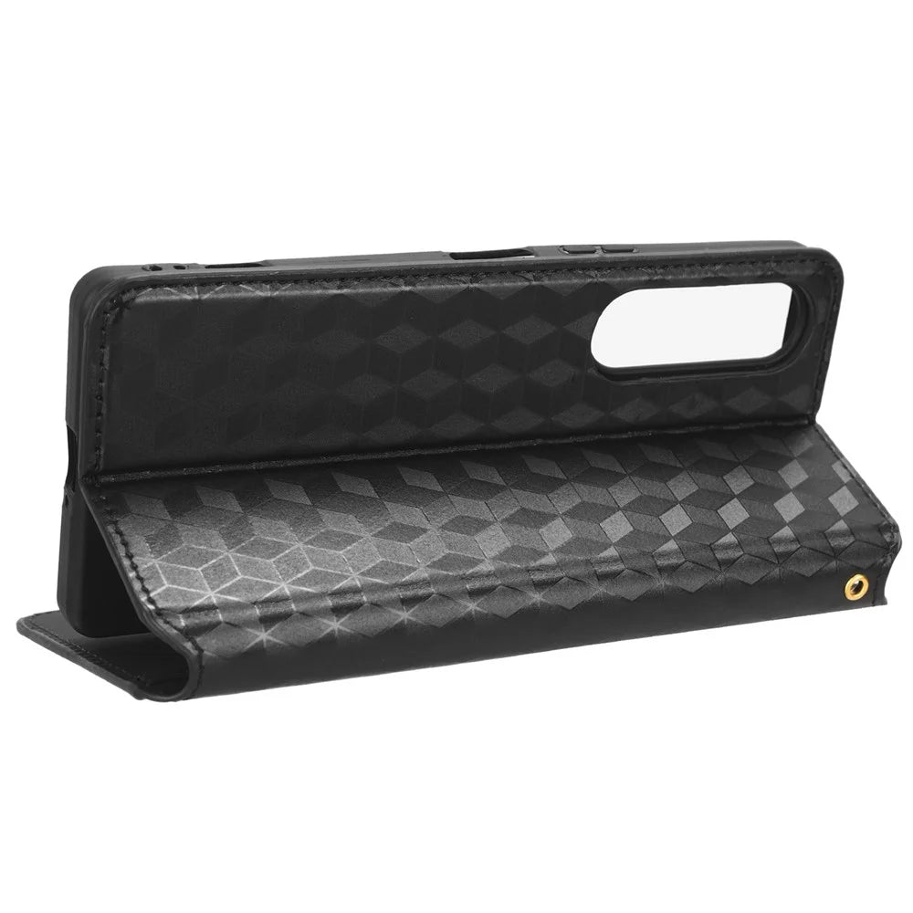 For Sony Xperia 1 V Rhombus Imprinted PU Leather Wallet Phone Case Flip Stand Anti-Drop Cover - Black - 3