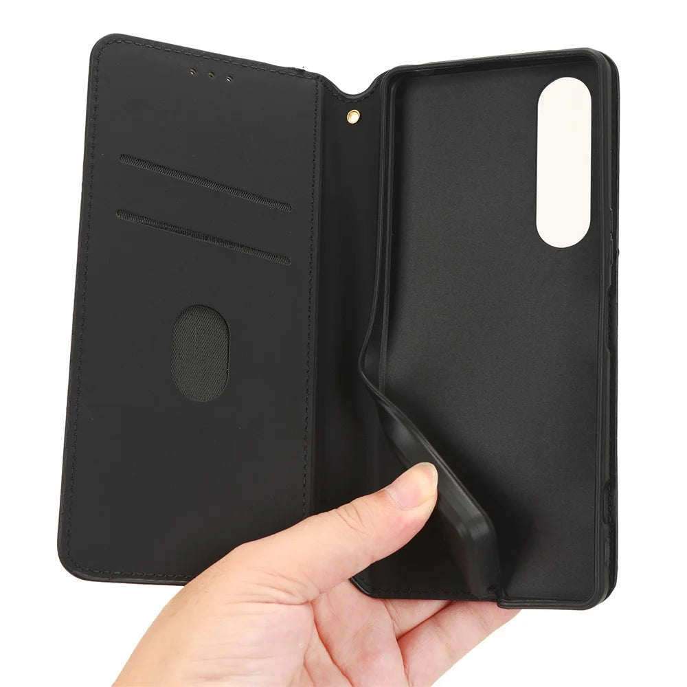 For Sony Xperia 1 V Rhombus Imprinted PU Leather Wallet Phone Case Flip Stand Anti-Drop Cover - Black - 4