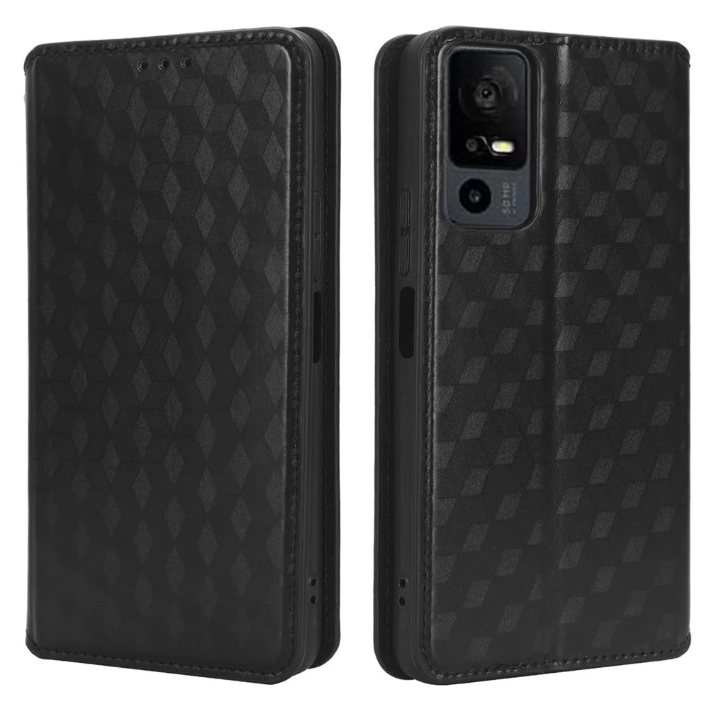 Wallet Shell for TCL 40 XL PU Leather Rhombus Imprinted Phone Case Flip Stand Cover - Black - 1