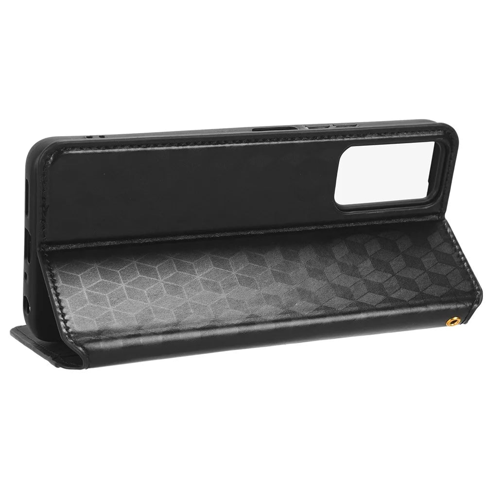 Wallet Shell for TCL 40 XL PU Leather Rhombus Imprinted Phone Case Flip Stand Cover - Black - 3