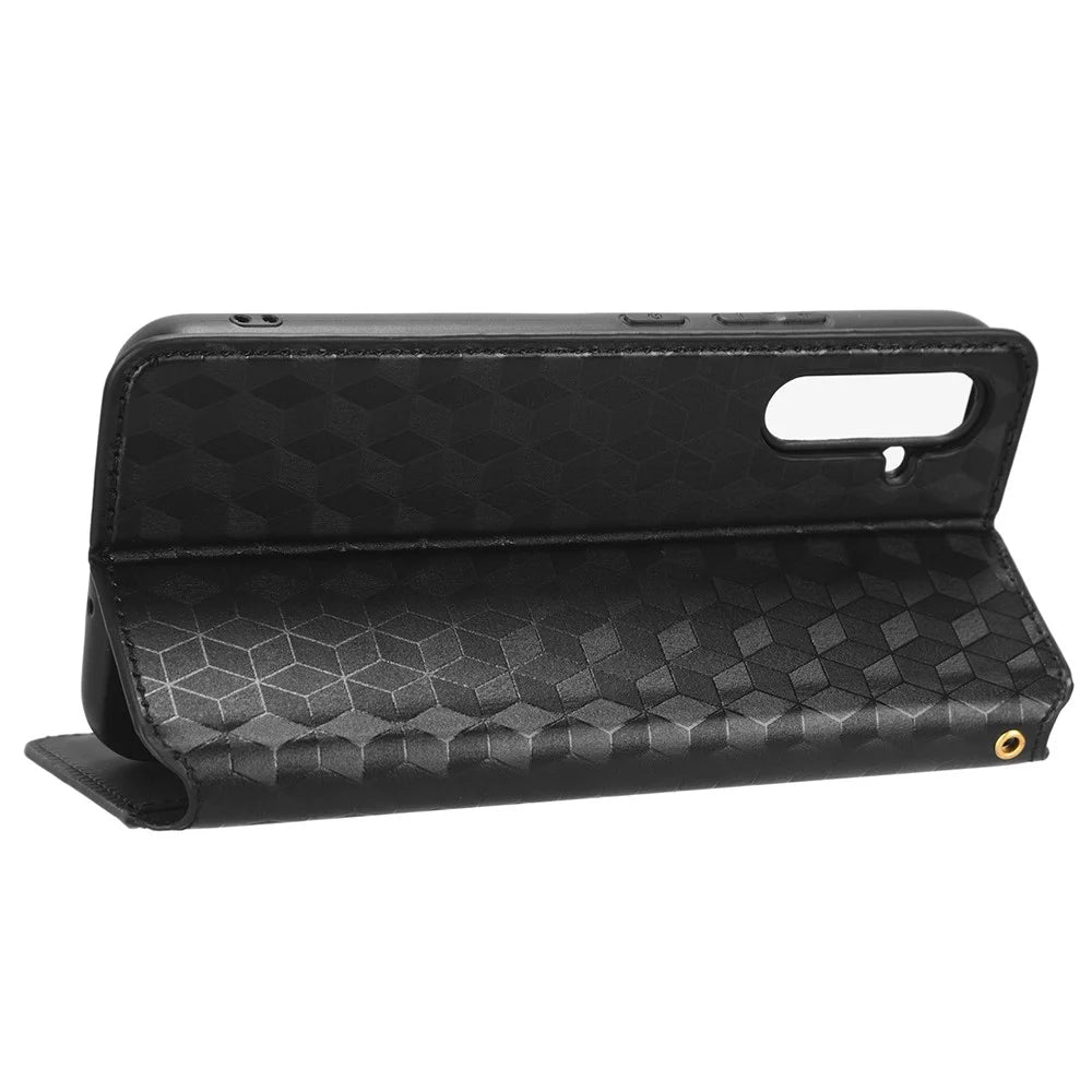 PU Leather Shell for Samsung Galaxy M54 5G / F54 5G Rhombus Imprinted Wallet Phone Case Flip Stand Cover - Black - 3