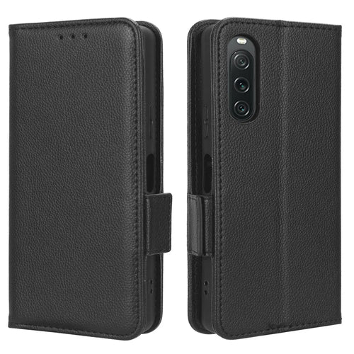 For Sony Xperia 10 V Anti-drop Phone Case Litchi Texture Stand PU Leather Wallet Cover - Black - 1