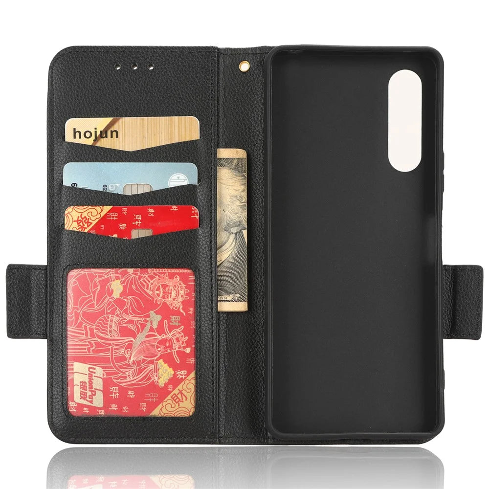For Sony Xperia 10 V Anti-drop Phone Case Litchi Texture Stand PU Leather Wallet Cover - Black - 4