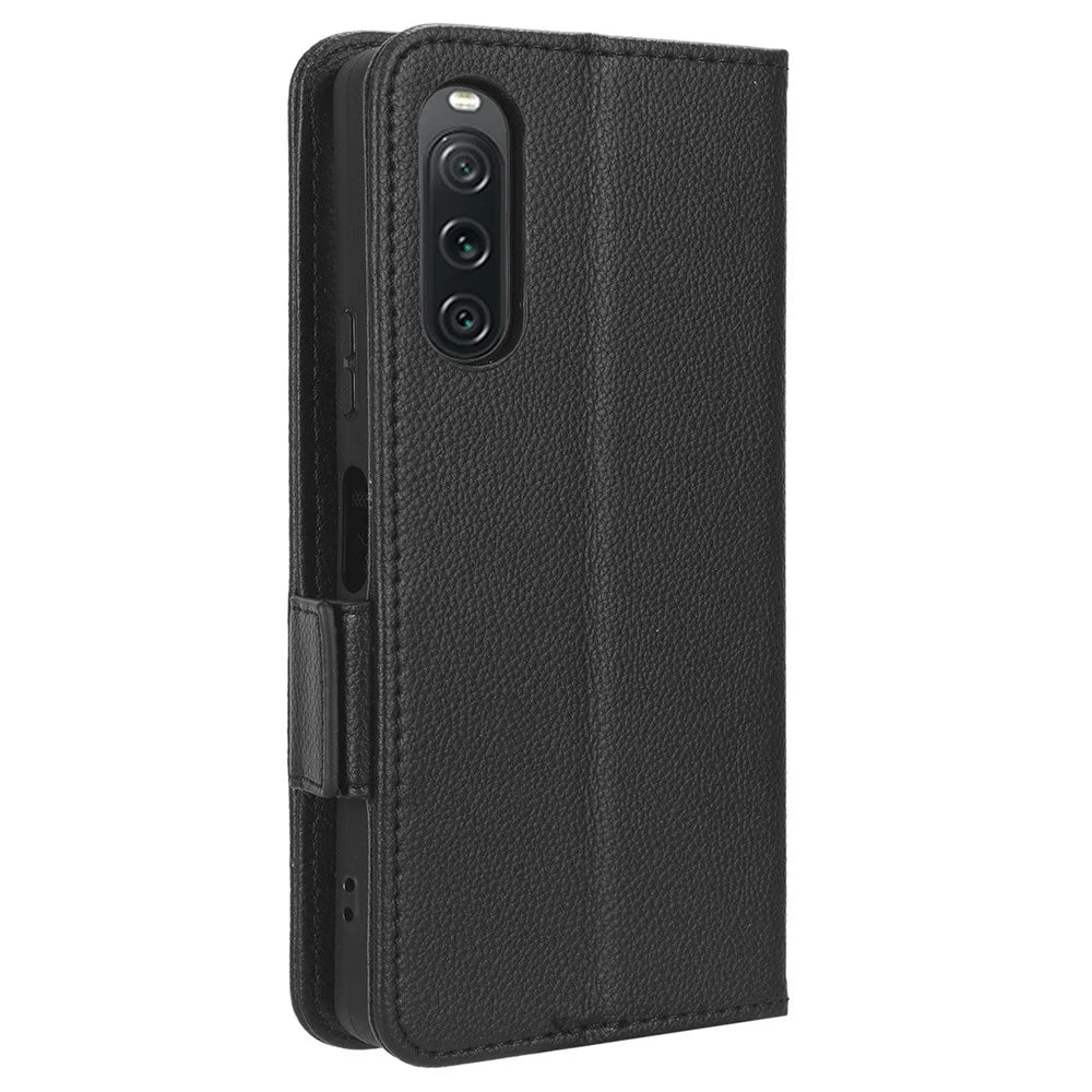 For Sony Xperia 10 V Anti-drop Phone Case Litchi Texture Stand PU Leather Wallet Cover - Black - 6