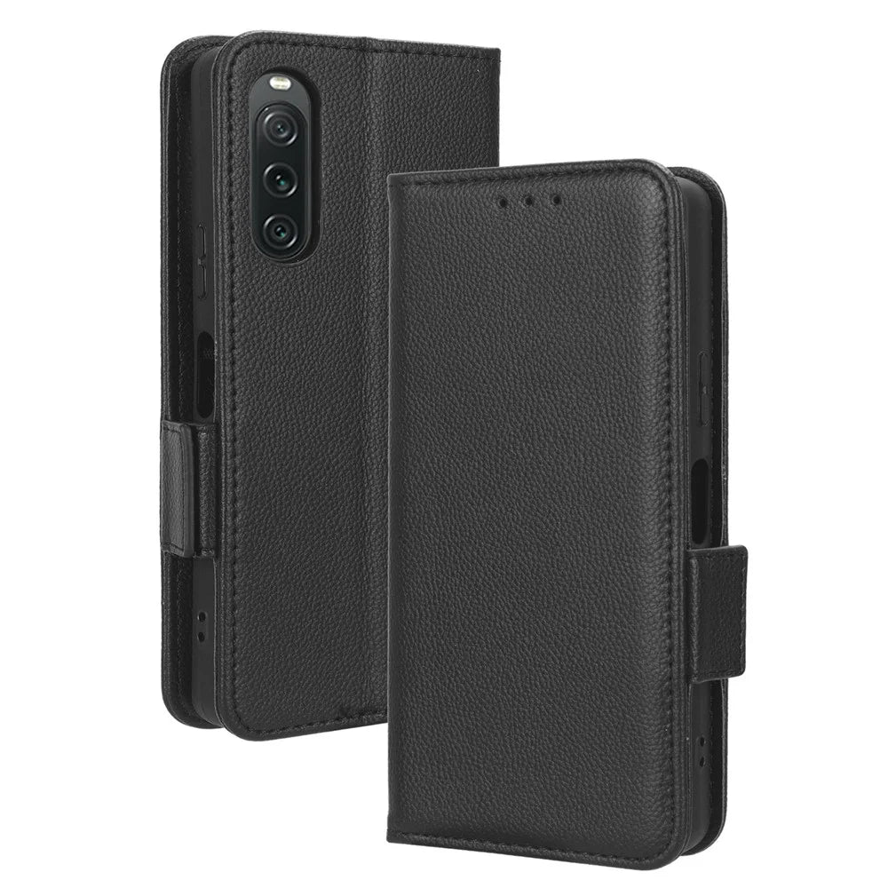 For Sony Xperia 10 V Anti-drop Phone Case Litchi Texture Stand PU Leather Wallet Cover - Black - 7