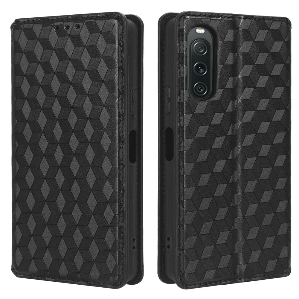 For Sony Xperia 10 V Rhombus Imprinted PU Leather Wallet Phone Case Flip Stand Anti-drop Cover - Black - 1