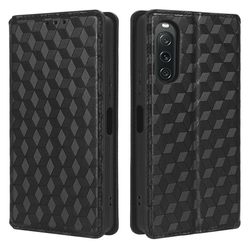 For Sony Xperia 10 V Rhombus Imprinted PU Leather Wallet Phone Case Flip Stand Anti-drop Cover - Black - 1