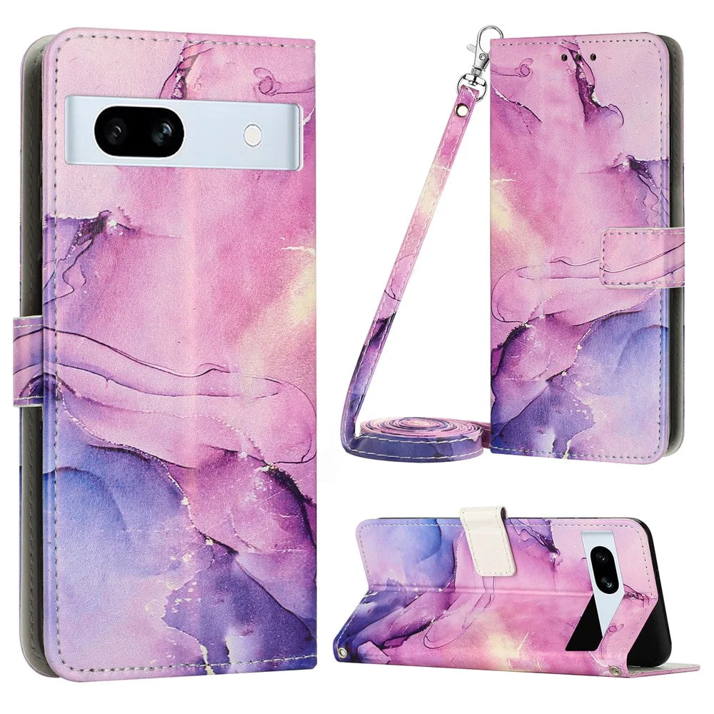 For Google Pixel 7a PU Leather Marble Pattern Case Wallet Stand Phone Cover with Shoulder Strap - Purple - 1