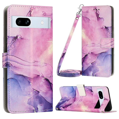 For Google Pixel 7a PU Leather Marble Pattern Case Wallet Stand Phone Cover with Shoulder Strap - Purple - 1