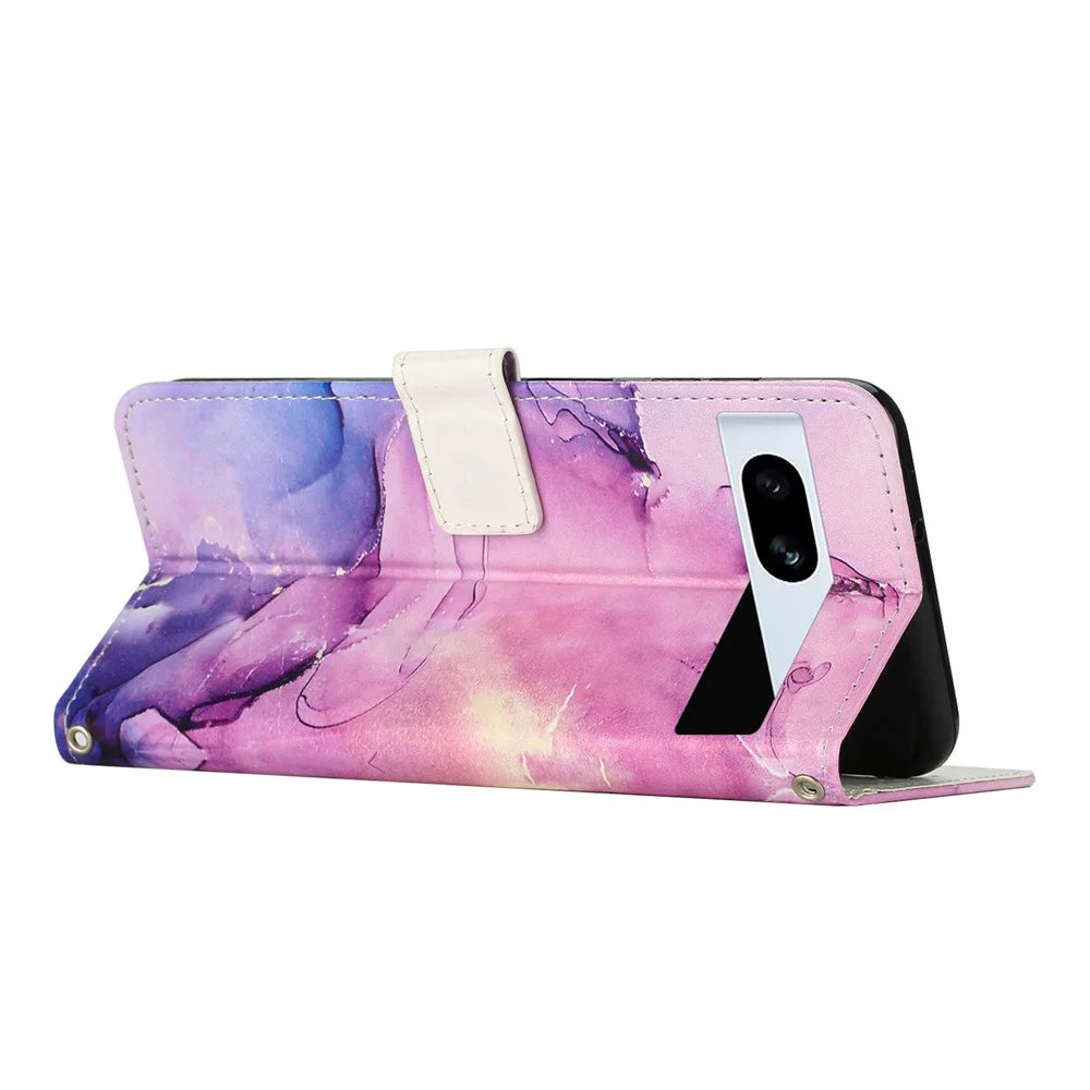 For Google Pixel 7a PU Leather Marble Pattern Case Wallet Stand Phone Cover with Shoulder Strap - Purple - 3