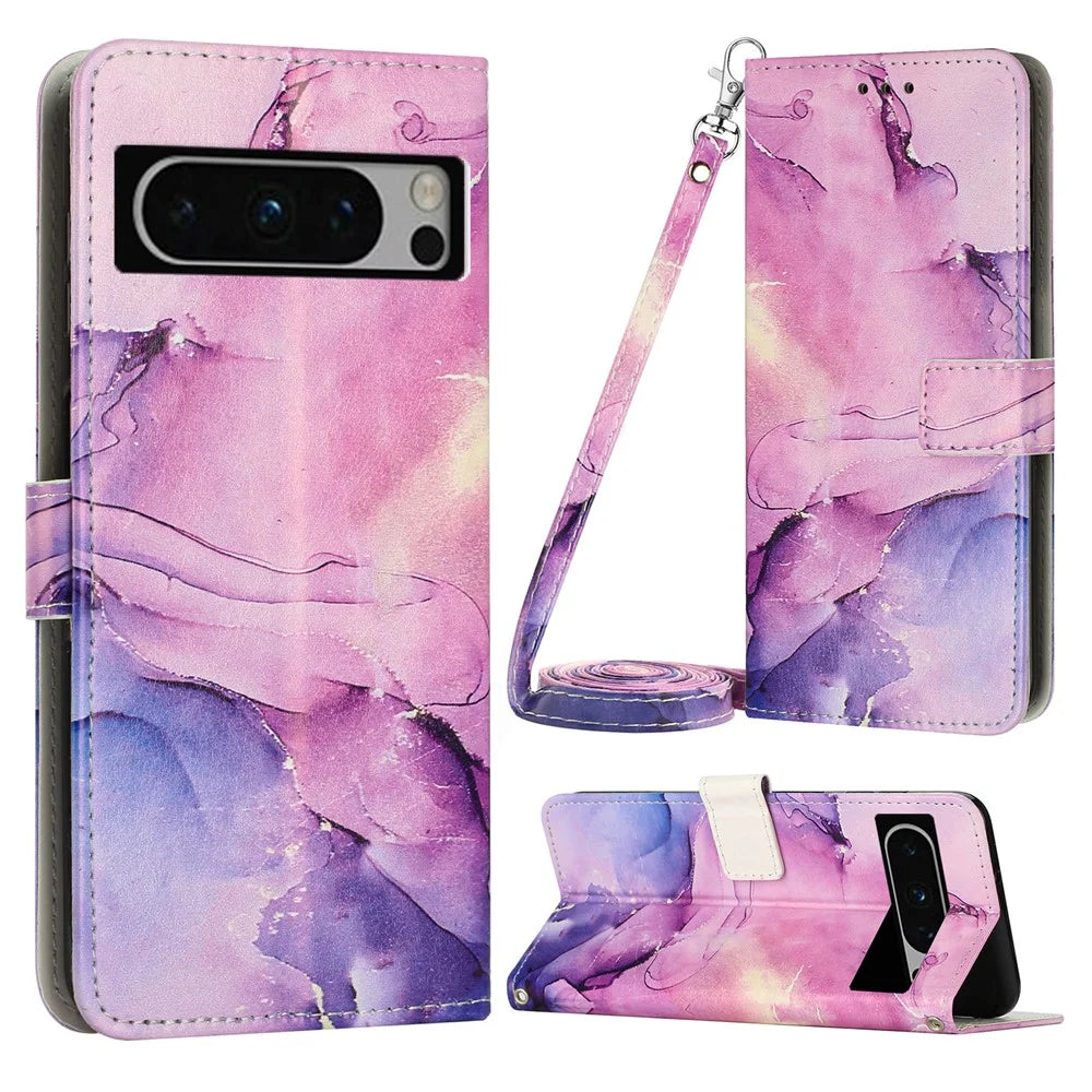 For Google Pixel 8 Pro PU Leather Marble Pattern Flip Case Wallet Stand Phone Cover with Shoulder Strap - Purple - 1