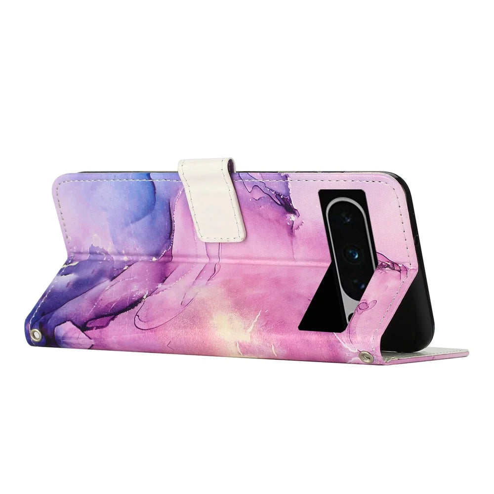 For Google Pixel 8 Pro PU Leather Marble Pattern Flip Case Wallet Stand Phone Cover with Shoulder Strap - Purple - 3